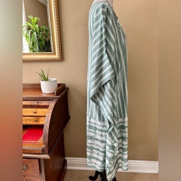 Soft Surroundings Harbor Caftan Kaftan Teal Stripe Beaded Sequin Cover-up Maxi - Picture 4 of 10